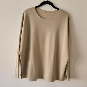 Akris Punto Wool Crew Neck Sweater. Tan Dropped Shoulder Sleeve Beautifully Soft